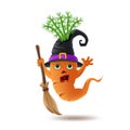 Halloween vegetables. Cartoon carrot monster wearing hat and broom