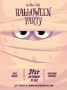 Halloween vertical background with cute mummy. Eyes in bandages. Halloween party flyer or invitation template.