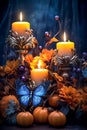 Halloween vertical background with pumpkins, butterfly and candles. Beautiful holiday backdrop. Generative AI Royalty Free Stock Photo