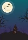 Halloween Vertical Background with Bats Haunted House and Full Moon. Flyer or Invitation Template for Halloween Party with Empty S Royalty Free Stock Photo