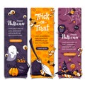 Halloween vertical banners with pattern background. Hand drawn cartoon vector invitations with lettering. Orange and Royalty Free Stock Photo