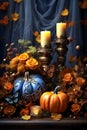 Halloween vertical still life. Background with pumpkins, butterfly and candles. Beautiful blue and orange holiday backdrop.