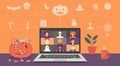 Online Halloween party concept on laptop computer screen with icon