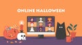 Online Halloween party concept, friends meeting or connecting together on video call