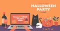 Online Halloween party concept banner, human hand using laptop to celebrate festival