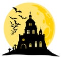 Halloween view of castle, moon, bats and hill. Silhouette vector illustration.