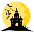 Halloween view of castle, moon, bats and hill. Silhouette vector illustration.