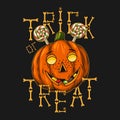 Halloween vintage emblem with candy, pumpkin head stylized as freckled kids face