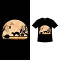 Halloween Vintage T-shirt Design With Moon And Deadly Cat. Halloween Fashion Wear Design With A Cat On A Broomstick And Dead Tree