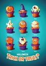 Halloween vintage vector poster. Trick or treat. Cakes with monsters