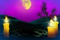 Halloween vivid horror night mockup - background design template 3D illustration with lone candle on left and two candles on right