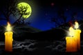 Halloween vivid creepy night texture - lone candle on left side and two candles on the right, lanterns in the dark concept -