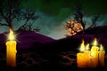 Halloween vivid haunting dark mockup - lone candle on left side and many candles on the right, holiday concept - background design