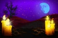 Halloween vivid horror dark night mockup - set of candles on left and many candles on the right, trick or treat concept -