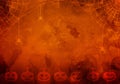 Halloween vivid orange watercolor background with pumpkins, cobweb with spiders and copy space