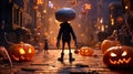 Halloween wall mural - a cartoon character standing in a street with pumpkins