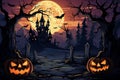 Halloween wallpaper, party background. Halloween nignt forest with full moon, dark template with pumpkins. AI Generated