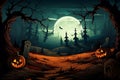 Halloween wallpaper, party background. Halloween nignt forest with full moon, dark template with pumpkins. AI Generated