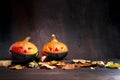 Halloween. Warning poster. Image of two pumpkins wearing anti-infectious masks