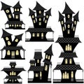 Halloween Warped Haunted Houses with Lighted Windows Black Silhouette Set