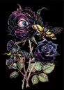 Halloween Watercolor Bouquet with Black Roses and Death`s-Head Hawkmoth