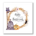 Halloween watercolor card with dry twigs wreath with tombstone, owl sitting on a scythe, skull and pawuk and eye. Happy