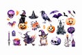 Halloween watercolor collection with black cat, witch, pumpkin, witch hat, owl, raven, skull, castle, witchcraft, potion