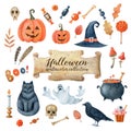 Halloween watercolor collection of clipart isolated on white background. Royalty Free Stock Photo