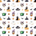 Halloween watercolor cute seamless pattern on transparent background. Background design with black cat, witch, ghost Royalty Free Stock Photo