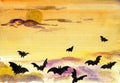 Halloween, watercolor drawing of bats on a yellow moon background.
