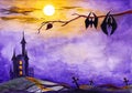 halloween, castle on the background of a bright moon, crosses in the cemetery and bats