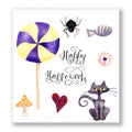 Halloween. Watercolor Halloween collection with cat, spider, candy and eye. Royalty Free Stock Photo