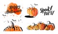 Halloween watercolor hand drawn artistic pumpkin and horror decoration elements on white background collection. Royalty Free Stock Photo
