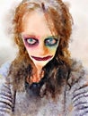 Halloween face watercolor painting. Scary costume makeup on woman. Royalty Free Stock Photo