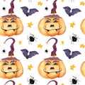 Halloween watercolor pattern with funny pumpkins in a witch hat. Autumn pattern with falling leaves, mushrooms and Royalty Free Stock Photo