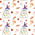 Halloween watercolor pattern with funny white pumpkin in a witch hat. Autumn pattern with falling leaves, mushrooms Royalty Free Stock Photo