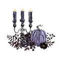 Halloween Watercolor Pumpkin, Candles And Black Flowers On White Background. Vintage Goth Illustration