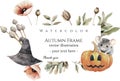 Halloween watercolor vector banner with dried flowers, witch hat, pumpkin, mouse, poppies , spooky gizmos, on white background