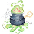 Halloween watercolor witch cauldron of potions