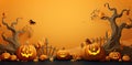 Halloween website banner background , card, poster, pumpkin lantern, yellow and orange background