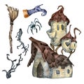 Halloween whimsical tower watercolor illustration isolated on white. Royalty Free Stock Photo