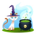 Halloween white cat in witch hat sitting with fuming potion cauldron Royalty Free Stock Photo