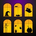 Halloween windows in house. Set Vector illustration silhouette Royalty Free Stock Photo