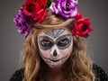 Halloween witch. Beautiful woman wearing santa muerte mask portrait Royalty Free Stock Photo