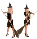 Halloween witch blond in black dress, hat, broom. Royalty Free Stock Photo