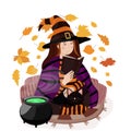 Halloween witch with boiling cauldron. Vector illustration.