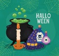 Halloween witch bowl hat candle and poisons with spiderwebs frame vector design