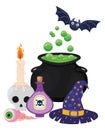 Halloween witch bowl skull poison eye hat and bat vector design