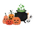 Halloween witch bowl skull and pumpkins vector design