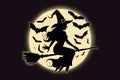 Halloween witch on broom with bats against moon vector, evoking classic Halloween imagery Royalty Free Stock Photo